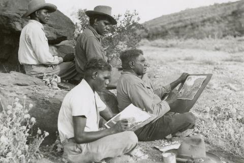 Albert Namtjira and sons working on their paintings April 1952