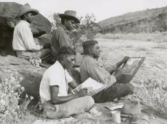 Albert Namtjira and sons working on their paintings April 1952