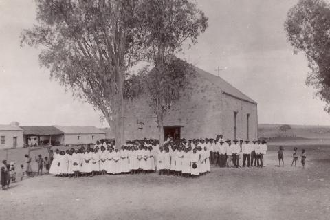 Congregation outside Church at Hermannsburg.