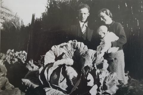 The Latz family and their Giant cabbages in Mission garden.